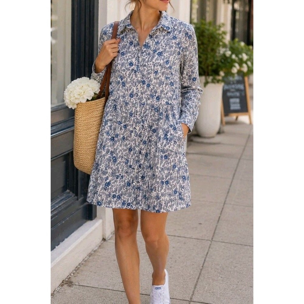 J.Crew Factory Floral Shirt Dress 8 Cotton Lined Blue White Mini Pockets